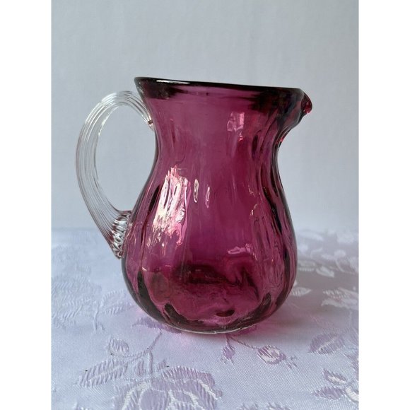 Vtg Pilgrim Cranberry Hand Blown Glass Applied Handle Creamer Pitcher - Picture 1 of 6